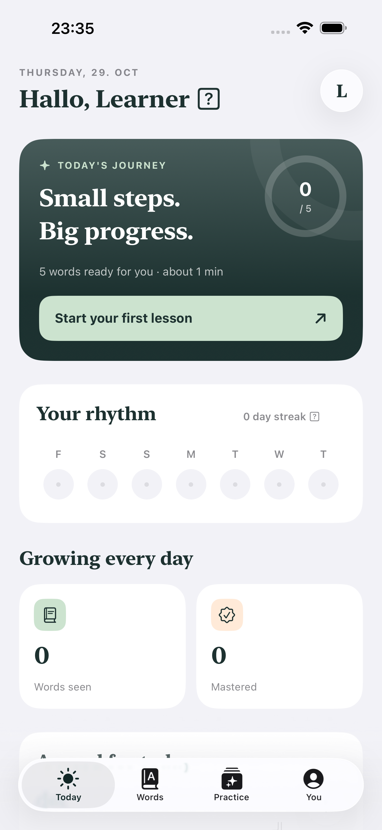 Wortwise Today screen with a daily goal and lesson controls
